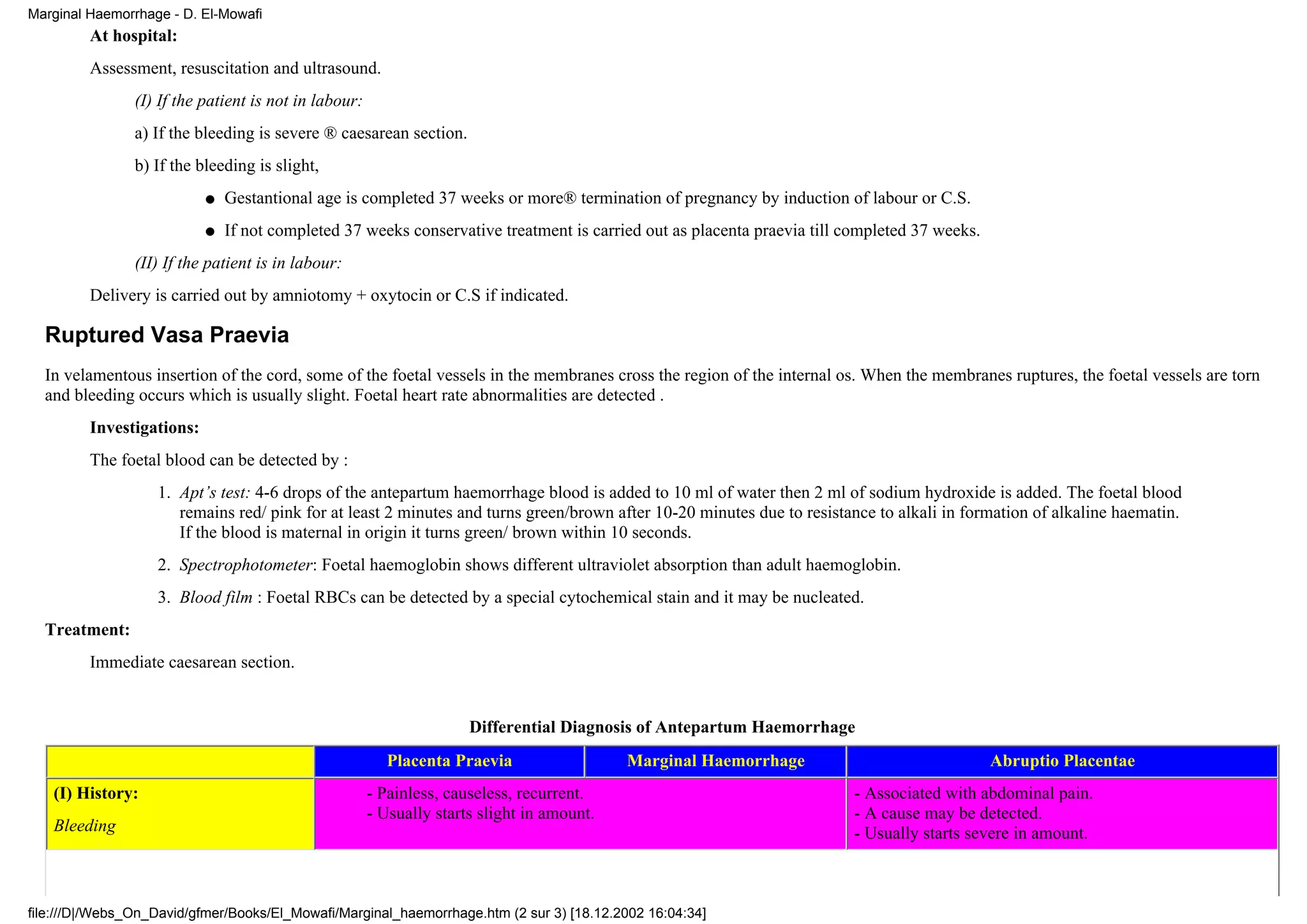 Marginal Haemorrhage - D. El-Mowafi
         At hospital:
         Assessment, resuscitation and ultrasound.
                (I) If the patient is not in labour:
                a) If the bleeding is severe ® caesarean section.
                b) If the bleeding is slight,
                           q   Gestantional age is completed 37 weeks or more® termination of pregnancy by induction of labour or C.S.
                           q   If not completed 37 weeks conservative treatment is carried out as placenta praevia till completed 37 weeks.
                (II) If the patient is in labour:
         Delivery is carried out by amniotomy + oxytocin or C.S if indicated.

  Ruptured Vasa Praevia
  In velamentous insertion of the cord, some of the foetal vessels in the membranes cross the region of the internal os. When the membranes ruptures, the foetal vessels are torn
  and bleeding occurs which is usually slight. Foetal heart rate abnormalities are detected .
         Investigations:
         The foetal blood can be detected by :
                   1. Apt’s test: 4-6 drops of the antepartum haemorrhage blood is added to 10 ml of water then 2 ml of sodium hydroxide is added. The foetal blood
                      remains red/ pink for at least 2 minutes and turns green/brown after 10-20 minutes due to resistance to alkali in formation of alkaline haematin.
                      If the blood is maternal in origin it turns green/ brown within 10 seconds.
                   2. Spectrophotometer: Foetal haemoglobin shows different ultraviolet absorption than adult haemoglobin.
                   3. Blood film : Foetal RBCs can be detected by a special cytochemical stain and it may be nucleated.
  Treatment:
         Immediate caesarean section.


                                                                      Differential Diagnosis of Antepartum Haemorrhage
                                                          Placenta Praevia                  Marginal Haemorrhage                              Abruptio Placentae
   (I) History:                                        - Painless, causeless, recurrent.                                - Associated with abdominal pain.
                                                       - Usually starts slight in amount.                               - A cause may be detected.
   Bleeding                                                                                                             - Usually starts severe in amount.



file:///D|/Webs_On_David/gfmer/Books/El_Mowafi/Marginal_haemorrhage.htm (2 sur 3) [18.12.2002 16:04:34]
 