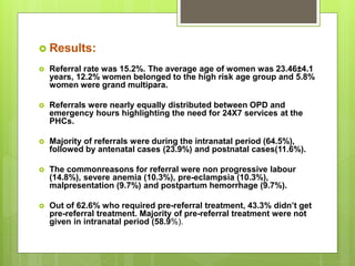  Results:
 Referral rate was 15.2%. The average age of women was 23.46±4.1
years, 12.2% women belonged to the high risk age group and 5.8%
women were grand multipara.
 Referrals were nearly equally distributed between OPD and
emergency hours highlighting the need for 24X7 services at the
PHCs.
 Majority of referrals were during the intranatal period (64.5%),
followed by antenatal cases (23.9%) and postnatal cases(11.6%).
 The commonreasons for referral were non progressive labour
(14.8%), severe anemia (10.3%), pre-eclampsia (10.3%),
malpresentation (9.7%) and postpartum hemorrhage (9.7%).
 Out of 62.6% who required pre-referral treatment, 43.3% didn’t get
pre-referral treatment. Majority of pre-referral treatment were not
given in intranatal period (58.9%).
 