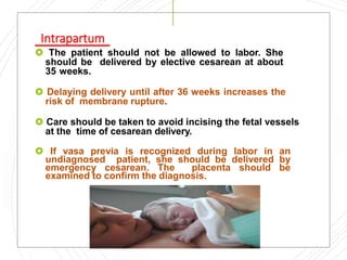 Intrapartum
 The patient should not be allowed to labor. She
should be delivered by elective cesarean at about
35 weeks.
 Delaying delivery until after 36 weeks increases the
risk of membrane rupture.
 Care should be taken to avoid incising the fetal vessels
at the time of cesarean delivery.
 If vasa previa is recognized during labor in an
undiagnosed patient, she should be delivered by
emergency cesarean. The placenta should be
examined to confirm the diagnosis.
 