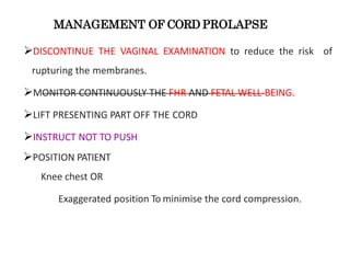 MANAGEMENT OF CORD PROLAPSE
DISCONTINUE THE VAGINAL EXAMINATION to reduce the risk of
rupturing the membranes.
MONITOR CONTINUOUSLY THE FHR AND FETAL WELL-BEING.
LIFT PRESENTING PART OFF THE CORD
INSTRUCT NOT TO PUSH
POSITION PATIENT
Knee chest OR
Exaggerated position To minimise the cord compression.
 