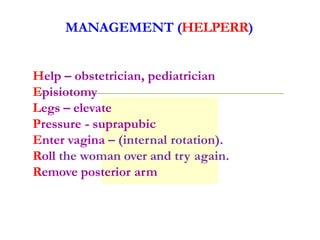 MANAGEMENT (HELPERR)
Help – obstetrician, pediatrician
Episiotomy
Legs – elevate
Pressure - suprapubic
Enter vagina – (internal rotation).
Roll the woman over and try again.
Remove posterior arm
 