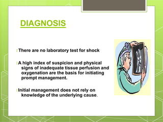 DIAGNOSIS
🞇 There are no laboratory test for shock
🞇 A high index of suspicion and physical
signs of inadequate tissue perfusion and
oxygenation are the basis for initiating
prompt management.
🞇 Initial management does not rely on
knowledge of the underlying cause.
 