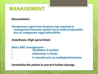 MANAGEMENT
🞇 Resuscitation
🞇 Vasopressor agent and atropine may required in
management because spinal injury leads bradycardia
due to unopposed vagal stimulation.
🞇 Anesthesia -High spinal block
🞇 Basic ABC management –



Ventilation if needed
Administer iv fluids
Iv steroid such as methylprednisolone
🞇 Immobilize the patient to prevent further damage
 
