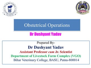 Obstetrical Operations
Prepared By-
Dr Dushyant Yadav
Assistant Professor cum Jr. Scientist
Department of Livestock Farm Complex (VGO)
Bihar Veterinary College, BASU, Patna-800014
Dr Dushyant Yadav
 