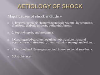 Major causes of shock include –
   1. Hypovoluemic  Hemorrhage(occult /overt) , hyperemesis,
    diarrhoea, diabetic acidosis, peritonitis, burns.

   2. Septicsepsis, endotoxaemia.

   3.Cardiogeniccardiomyopathies , obstructive structural ,
    obstructive non structural , dysrrhythmias, regurgitant lesions.

   4.DistributiveNeurogenic- spinal injury, regional anesthesia,

   5.Anaphylaxis.
 