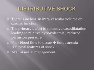    There is no loss in intra vascular volume or
    cardiac function.
   The primary defect is a massive vasodilatation
    leading to relative hypovolaemia , reduced
    perfusion pressure.
   Poor blood flow to tissue  tissue anoxia
    clinical features of shock .
   ABC of initial management.
 