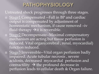 Untreated shock progresses through three stages.
 Stage1 Compensated --Fall in BP and cardiac
  output is compensated by adjustment of
  homeostatic mechanism, if cause removed –iv
  fluid therapy it is reversible.
 Stage2 Decompensate--Maximal compensatory
  mechanism are acting but tissue perfusion is
  reduced. Vital organ(cerebral , renal, myocardial)
  function reduced.
 Stage3 Irreversible--Vital organ perfusion badly
  impaired. Acute tubular necrosis , severe
  acidosis, decreased myocardial perfusion and
  contractility  the profound decrease in
  perfusion leads to cellular death & Organ failure.
 