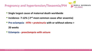 13Copyright © 2014 Well Woman Clinic. All rights reserved.
Pregnancy and hypertension/Toxaemia/PIH
 Single largest cause of maternal death worldwide
 Incidence- 7-12% ( 2nd most common cause after anaemia)
 Pre-eclampsia - HTN + proteinuria with or without edema >
20 weeks
 Eclampsia - preeclampsia with seizure
 