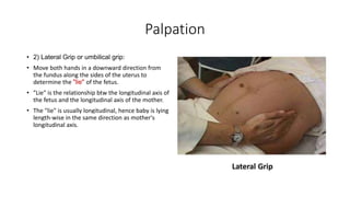 Palpation
• 2) Lateral Grip or umbilical grip:
• Move both hands in a downward direction from
the fundus along the sides of the uterus to
determine the "lie" of the fetus.
• "Lie" is the relationship btw the longitudinal axis of
the fetus and the longitudinal axis of the mother.
• The "lie" is usually longitudinal, hence baby is lying
length-wise in the same direction as mother's
longitudinal axis.
 