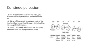 Continue palpation
- If you divide the fetal head into five-fifths, you
estimate how many fifths of the fetal head can be
felt.
- If 5,4 or 3 fifths can still be palpated, most of the
head is still up, hence the widest part of the head has
not engaged into the pelvis.
- If only 2,1 or 0 fifths of fetal head felt, the widest
part of the head has engaged into the pelvis.
 