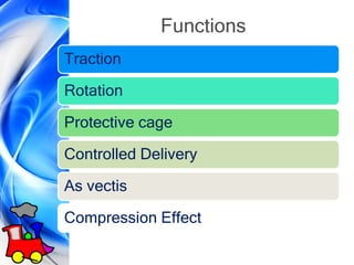 Functions
• Traction
Traction
Rotation
Protective cage
Controlled Delivery
As vectis
Compression Effect
 