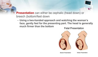 • Presentation can either be cephalic (head down) or
breech (bottom/feet down
– Using a two-handed approach and watching the woman’s
face, gently feel for the presenting part. The head is generally
much firmer than the bottom
 