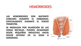HEMORROIDES
LAS HEMORROIDES SON BASTANTE
COMUNES DURANTE EL EMBARAZO,
ESPECIALMENTE DURANTE EL TERCER
TRIMESTRE.
SE PRODUCEN POR DILATACIÓN DE LAS
VENAS RECTALES. PUEDEN OCASIONAR
DESDE PEQUEÑAS MOLESTIAS HASTA
DOLOR INTENSO EN LA ZONA O
SANGRADO.
 