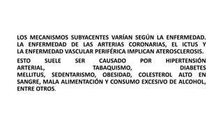 LOS MECANISMOS SUBYACENTES VARÍAN SEGÚN LA ENFERMEDAD.
LA ENFERMEDAD DE LAS ARTERIAS CORONARIAS, EL ICTUS Y
LA ENFERMEDAD VASCULAR PERIFÉRICA IMPLICAN ATEROSCLEROSIS.
ESTO SUELE SER CAUSADO POR HIPERTENSIÓN
ARTERIAL, TABAQUISMO, DIABETES
MELLITUS, SEDENTARISMO, OBESIDAD, COLESTEROL ALTO EN
SANGRE, MALA ALIMENTACIÓN Y CONSUMO EXCESIVO DE ALCOHOL,
ENTRE OTROS.
 
