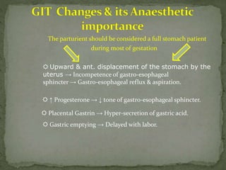 The parturient should be considered a full stomach patient
during most of gestation
☼ Upward & ant. displacement of the stomach by the
uterus → Incompetence of gastro-esophageal
sphincter → Gastro-esophageal reflux & aspiration.
☼ ↑ Progesterone → ↓ tone of gastro-esophageal sphincter.
☼ Placental Gastrin → Hyper-secretion of gastric acid.
☼ Gastric emptying → Delayed with labor.
 
