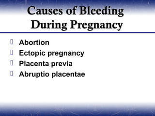 Causes of Bleeding
      During Pregnancy
   Abortion
   Ectopic pregnancy
   Placenta previa
   Abruptio placentae
 