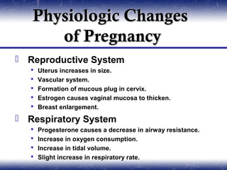 Physiologic Changes
      of Pregnancy
 Reproductive System
      Uterus increases in size.
      Vascular system.
      Formation of mucous plug in cervix.
      Estrogen causes vaginal mucosa to thicken.
      Breast enlargement.
 Respiratory System
      Progesterone causes a decrease in airway resistance.
      Increase in oxygen consumption.
      Increase in tidal volume.
      Slight increase in respiratory rate.
 