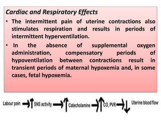 Cardiac and Respiratory Effects
• The intermittent pain of uterine contractions also
stimulates respiration and results in periods of
intermittent hyperventilation.
• In the absence of supplemental oxygen
administration, compensatory periods of
hypoventilation between contractions result in
transient periods of maternal hypoxemia and, in some
cases, fetal hypoxemia.
 