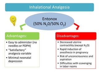 Inhalational Analgesia
Entonox
(50% N20/50% O2)
Advantages:
• Easy to administer (no
needles or PDPH)
• “Satisfactory”
analgesia variable
• Minimal neonatal
depression
Disadvantages:
• Decreased uterine
contractility (except N2O)
• Rapid induction of
anesthesia in pregnancy
• Risk of unconsciousness and
aspiration
• Difficulties with scavenging
in labor rooms
 