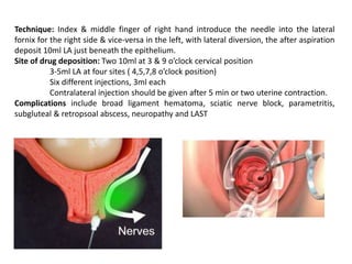 Technique: Index & middle finger of right hand introduce the needle into the lateral
fornix for the right side & vice-versa in the left, with lateral diversion, the after aspiration
deposit 10ml LA just beneath the epithelium.
Site of drug deposition: Two 10ml at 3 & 9 o’clock cervical position
3-5ml LA at four sites ( 4,5,7,8 o’clock position)
Six different injections, 3ml each
Contralateral injection should be given after 5 min or two uterine contraction.
Complications include broad ligament hematoma, sciatic nerve block, parametritis,
subgluteal & retropsoal abscess, neuropathy and LAST
 