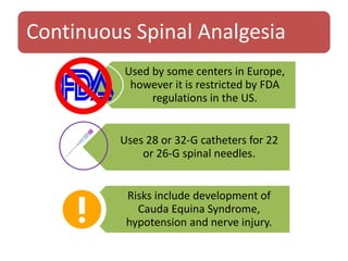 Continuous Spinal Analgesia
Used by some centers in Europe,
however it is restricted by FDA
regulations in the US.
Uses 28 or 32-G catheters for 22
or 26-G spinal needles.
Risks include development of
Cauda Equina Syndrome,
hypotension and nerve injury.
 