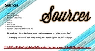Sources
•Trade shows
•Trade Magazines
• Business Directories
• Seminars
• Surveys
• Directories
• Online Subscriptions
• Business Directories Exhibition, etc.
Do you have a list of Database without email addresses or any other missing data?
Get roughly calculate of how many missing data we can append for your campaign.
816-286-4114|info@globalb2bcontacts.com| www.globalb2bcontacts.com
 
