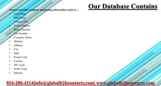 Our Database ContainsSources provide complete marketing information such as –
• First Name
• Last Name
• Contact Title
• Email Address
• Phone Number
• Fax Number
• Company Name
• Website
• Address
• City
• State
• Postal Code
• Country
• SIC Code
• NAIC Code
• Industry
816-286-4114|info@globalb2bcontacts.com| www.globalb2bcontacts.com
 