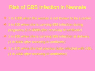 Risk of GBS Infection in Neonate
v  1	
  in	
  1000	
  when	
  the	
  woman	
  is	
  not	
  known	
  to	
  be	
  a	
  carrier	
  	
  
v  1	
  in	
  400	
  when	
  she	
  is	
  carrying	
  GBS	
  infec@on	
  during	
  
pregnancy	
  (1	
  in	
  8000	
  a0er	
  receiving	
  IV	
  an7bio7c)	
  	
  
v  1	
  in	
  300	
  when	
  she	
  is	
  carrying	
  GBS	
  infec@on	
  at	
  delivery.	
  
(1	
  in	
  6000	
  a0er	
  receiving	
  IV	
  an7bio7c)	
  
v  1	
  in	
  100	
  when	
  she	
  had	
  previous	
  baby	
  infected	
  with	
  GBS.	
  
(1	
  in	
  2000	
  a0er	
  receiving	
  IV	
  an7bio7cs)	
  
 