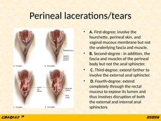 Perineal lacerations/tears
• A. First-degree: involve the
fourchette, perineal skin, and
vaginal mucous membrane but not
the underlying fascia and muscle.
• B. Second-degree : in addition, the
fascia and muscles of the perineal
body but not the anal sphincter.
• C. Third-degree: extend farther to
involve the external anal sphincter.
• D. Fourth-degree: extend
completely through the rectal
mucosa to expose its lumen and
thus involves disruption of both
the external and internal anal
sphincters
 