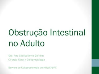 Obstrução Intestinal
no Adulto
Dra. Ana Cecília Neiva Gondim
Cirurgia Geral / Coloproctologia
Serviço de Coloproctologia do HUWC/UFC
 