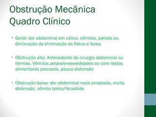 Obstrução Mecânica
Quadro Clínico
• Geral: dor abdominal em cólica, vômitos, parada ou
diminuição da eliminação de flatus e fezes
• Obstrução alta: Antecedente de cirurgia abdominal ou
hérnias. Vômitos amarelo-esverdeados ou com restos
alimentares precoces, pouca distensão
• Obstrução baixa: dor abdominal mais arrastada, muita
distensão, vômito tardio/fecalóide
 