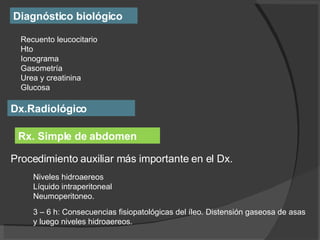 Diagnóstico biológico Recuento leucocitario Hto Ionograma  Gasometría Urea y creatinina Glucosa Dx.Radiológico Procedimiento auxiliar más importante en el Dx. Niveles hidroaereos Líquido intraperitoneal Neumoperitoneo. 3 – 6 h: Consecuencias fisiopatológicas del íleo. Distensión gaseosa de asas y luego niveles hidroaereos. Rx. Simple de abdomen 