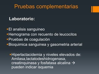 Pruebas complementarias
Laboratorio:
El analisis sanguineo
Hemograma con recuento de leucocitos
Pruebas de coagulaciòn
Bioquimica sanguinea y gasometria arterial
Hiperlactacidemia y niveles elevados de:
Amilasa,lactatodeshidrogenasa,
creatinquinasa y fosfatasa alcalina 
pueden indicar isquemia
 
