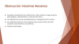 Obstrucción intestinal Mecánica
 Causadas principalmente por adherencias, sobre todo por cirugía de pelvis
(ginecológicas, apendicetomía y resección del colon).
 Las adherencias ocurren principalmente por manipulación de la serosa.
 Las neoplasias aparecen como segunda causa y hacen efecto de masa
ocupante, sean primarios o secundarios.
 Hernias encarceladas.
 