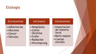 Etiología
Extraluminar
•Adherencias
•Abscesos
•Cáncer
•Vólvulos
Intrinseco
•Neoplasias
•Colitis
Ulcerosa
•Crohn
•Radiación
•Hirschsprung
Intraluminar
•Impactacion
de materia
fecal
•Bario espeso
•Cuerpo
extraño
 