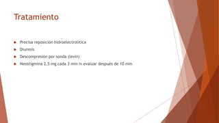 Tratamiento
 Precisa reposición hidroelectrolítica
 Diuresis
 Descompresión por sonda (levin)
 Neostigmina 2,5 mg cada 3 min iv evaluar después de 10 min
 
