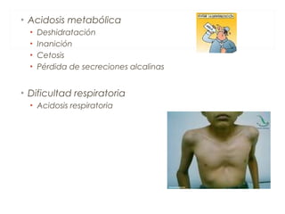 • Acidosis metabólica
• Deshidratación
• Inanición
• Cetosis
• Pérdida de secreciones alcalinas
• Dificultad respiratoria
• Acidosis respiratoria
 