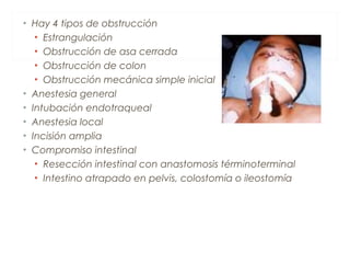• Hay 4 tipos de obstrucción
• Estrangulación
• Obstrucción de asa cerrada
• Obstrucción de colon
• Obstrucción mecánica simple inicial
• Anestesia general
• Intubación endotraqueal
• Anestesia local
• Incisión amplia
• Compromiso intestinal
• Resección intestinal con anastomosis términoterminal
• Intestino atrapado en pelvis, colostomía o ileostomía
 
