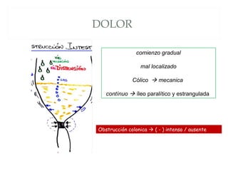 DOLOR
comienzo gradual
mal localizado
Cólico  mecanica
contínuo  íleo paralítico y estrangulada
Obstrucción colonica  ( - ) intenso / ausente
 