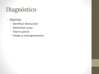 Diagnóstico
• Objetivos
• Identificar obstrucción
• Determinar causa
• Total vs parcial
• Simple vs estrangulamiento
 