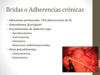 Bridas o Adherencias crónicas
• Adhesiones peritoneales: 75% obstrucciones de ID.
• Antecedentes Quirúrgicos!
• Procedimientos de abdomen bajo:
• Apendicectomias.
• Histerectomias.
• Colectomia.
• Resecciones abdominoperineales.
• Otros procedimientos:
• Colecistectomia.
• Gastrectomia.
 