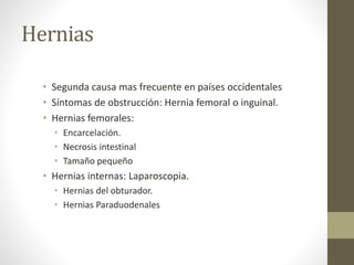 Hernias
• Segunda causa mas frecuente en países occidentales
• Síntomas de obstrucción: Hernia femoral o inguinal.
• Hernias femorales:
• Encarcelación.
• Necrosis intestinal
• Tamaño pequeño
• Hernias internas: Laparoscopia.
• Hernias del obturador.
• Hernias Paraduodenales
 