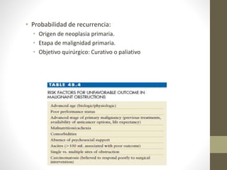 • Probabilidad de recurrencia:
• Origen de neoplasia primaria.
• Etapa de malignidad primaria.
• Objetivo quirúrgico: Curativo o paliativo
 