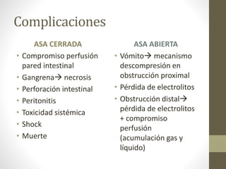 Complicaciones
ASA CERRADA
• Compromiso perfusión
pared intestinal
• Gangrena necrosis
• Perforación intestinal
• Peritonitis
• Toxicidad sistémica
• Shock
• Muerte
ASA ABIERTA
• Vómito mecanismo
descompresión en
obstrucción proximal
• Pérdida de electrolitos
• Obstrucción distal
pérdida de electrolitos
+ compromiso
perfusión
(acumulación gas y
líquido)
 