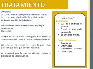 OBJETIVOS:
La corrección del desequilibrio hidroelectrolítico.
La corrección y eliminación de la obstrucción.
La descompresión del intestino.
Existen dos maneras de tratar esta patología:
Conservador
Quirúrgico
Dentro de las técnicas quirúrgicas hay desde las
menos invasivas, hasta donde se hacen resecciones.
Los estudios de imagen nos serán de gran ayuda
para ver que es lo que tiene el paciente.
La brevedad con la que se atienda, mejora el
pronóstico de sobrevivencia.
QUIRÚRGICO
• Indicaciones
• Cuando la obstrucción
es total
• Cuando la causa es de
tipo aguda
• Se complica mucho.
Contraindicaciones
• Carcinoma
• Enfermedad
inflamatoria intestinal
• radioterapia
 