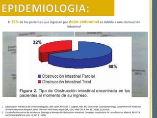 1. Obstruccion mecanica del intestino delgado y del colon, Mitchell S. Cappell, MD, MD Division of Gastroenterology, Department of medicine,
William Beaumont Hospital, West Thirteen Mile Road, Royal Oak, USA, Med Clin N Am 92 (2008), ELSEVIER.
2. Estudio Multicentrico de Incidencia, Etiologia,y Manejo de Obstruccion Intestinal, Complejo Hospitalario Dr. Arnulfo Arias Madrid, REVISTA
MÉDICO CIENTÍFICA, VOL 21, NO 2 (2008)
El 15% de los pacientes que ingresan por dolor abdominal es debido a una obstrucción
intestinal
 