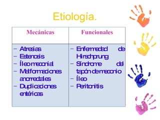 Etiología. Mecánicas Funcionales Atresias Estenosis Íleo meconial Malformaciones anorrectales Duplicaciones entéricas Enfermedad de Hirschprung Síndrome del tapón de meconio Íleo  Peritonitis 