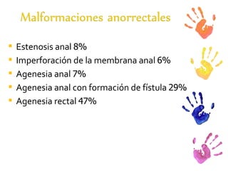 Estenosis anal  8%  Imperforación de la membrana anal  6%  Agenesia anal  7% Agenesia anal con formación de fístula  29%  Agenesia rectal  47%  