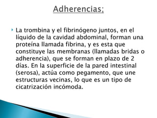    La trombina y el fibrinógeno juntos, en el
    líquido de la cavidad abdominal, forman una
    proteína llamada fibrina, y es esta que
    constituye las membranas (llamadas bridas o
    adherencia), que se forman en plazo de 2
    días. En la superficie de la pared intestinal
    (serosa), actúa como pegamento, que une
    estructuras vecinas, lo que es un tipo de
    cicatrización incómoda.
 