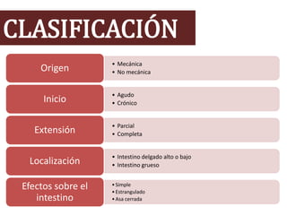 CLASIFICACIÓN
• Mecánica
• No mecánicaOrigen
• Agudo
• CrónicoInicio
• Parcial
• CompletaExtensión
• Intestino delgado alto o bajo
• Intestino gruesoLocalización
•Simple
•Estrangulado
•Asa cerrada
Efectos sobre el
intestino
 